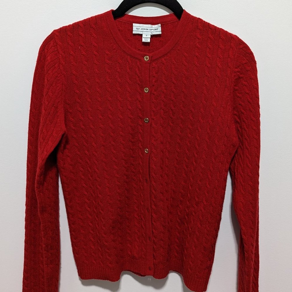 St John Sport red cashmere cable knit cardigan